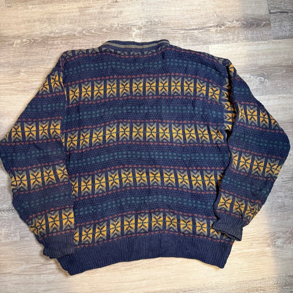 Vintage Fair Isle Navy Blue Geometric Knit Crewneck Sweater Mens Large